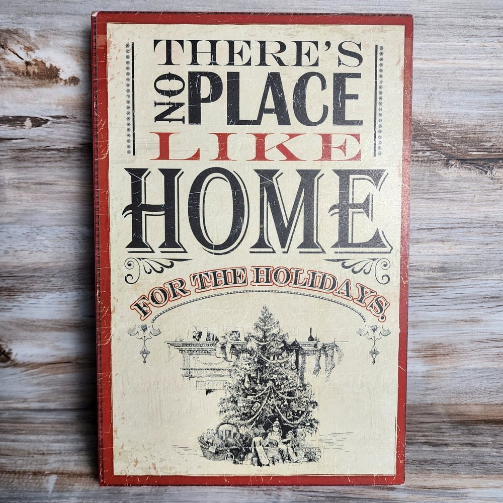 Vintage Style Christmas Wood Box Sign Home For The Holidays Wall Decor Red Cream